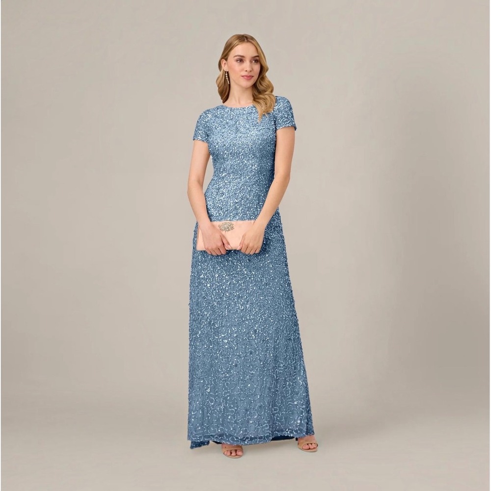NEW ADRIANNA PAPELL Scoop Back Sequin Gown Nile Blue Size 14 NWT